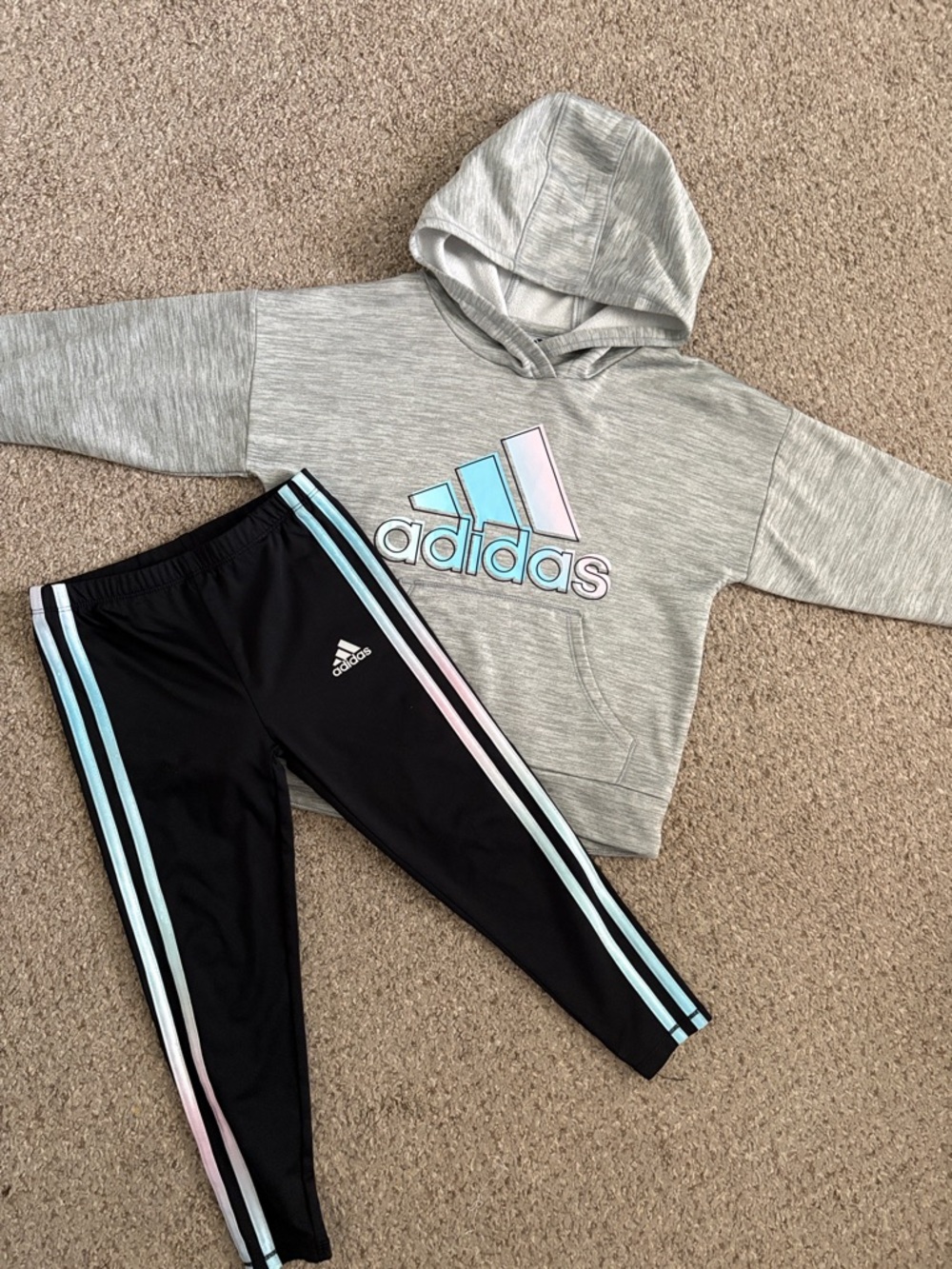 adidas Kids Black Leggings with Pastel Pink & Blue Stripes